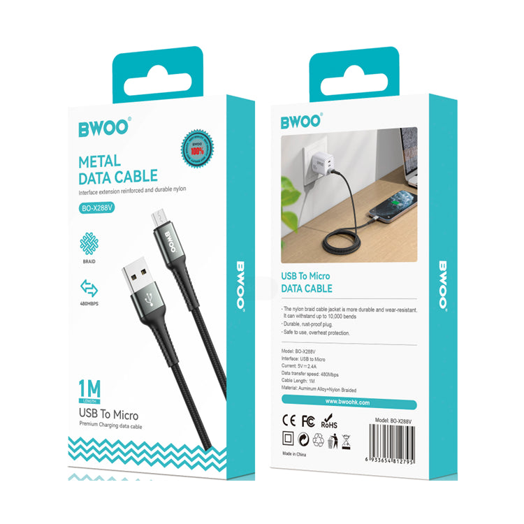 كيبل بيانات معدني من Bwoo من نوع USB-A إلى Micro | واحد متر كيبل بيانات معدني من Bwoo من نوع USB-A إلى Micro | واحد متر